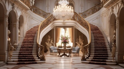 Lavish French chateau with grand staircases and crystal chandeliers. - obrazy, fototapety, plakaty