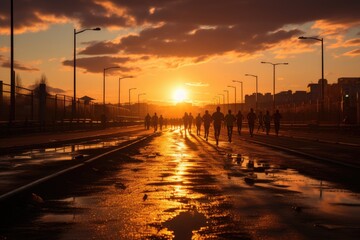 Athletes running on the track at sunset., generative IA