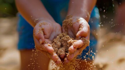 Close-up shot of childrens hands playing with sand on a playground