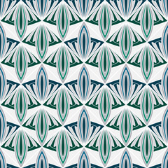 Abstract geometric zigzag seamless pattern. Blue green triangles and square on grey background. Mosaic tile. Fantasy geometric shapes for decor clothes, home, etc.