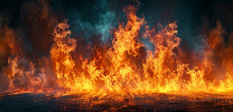 Dynamic eruption of vibrant flames dancing against a dark canvas, creating a breathtaking scene. [Copy space on blank labels word.]