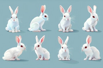 Fototapeta premium Cute white bunny with carrot. Rabbit cartoon vector collection. Animal wildlife character set.