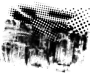 Glitch distorted noise destroyed horizontal cut out shapes . Trendy defect halftone stamp. Vector black shape overlay.