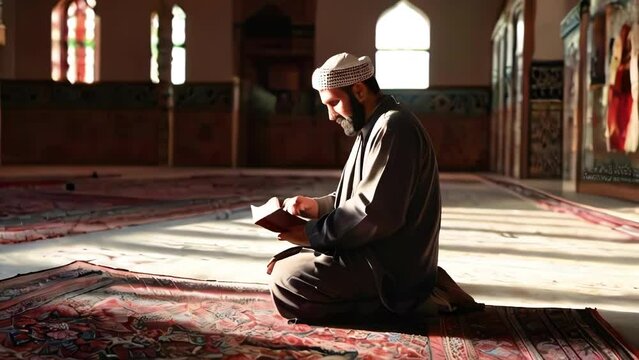 Muslim man prays on knees while sitting on carpet in mosque with sunlight. Imam reads namaz holding book of Koran in his hands.