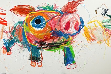 The hand drawing colourful picture of the pig that has been drawn by the colored pencil, crayon or...