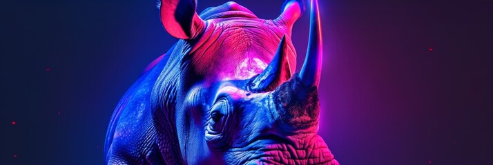 Rhinoceros with a close-up shot bathed in colorful neon lights