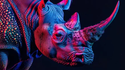  Close up majestic rhinoceros, set against a vibrant neon background © AlfaSmart