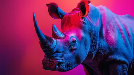  Rhinoceros with a close-up shot bathed in colorful neon lights © AlfaSmart
