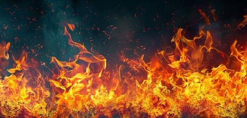 Fototapeta na wymiar Dynamic eruption of vibrant flames dancing against a dark canvas, creating a breathtaking scene. [Copy space on blank labels word.]