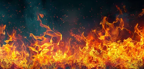 Foto op Plexiglas Dynamic eruption of vibrant flames dancing against a dark canvas, creating a breathtaking scene. [Copy space on blank labels word.] © Lucifer