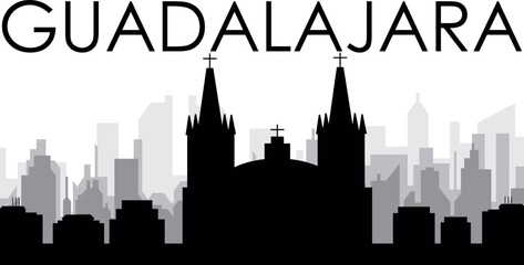 Obraz premium Black cityscape skyline panorama with gray misty city buildings background of GUADALAJARA, MEXICO