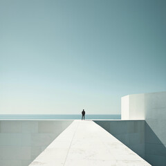 Solitary figure standing at the edge of a minimalist architectural structure, overlooking the calm blue ocean under the clear sky, representing solitude and reflection