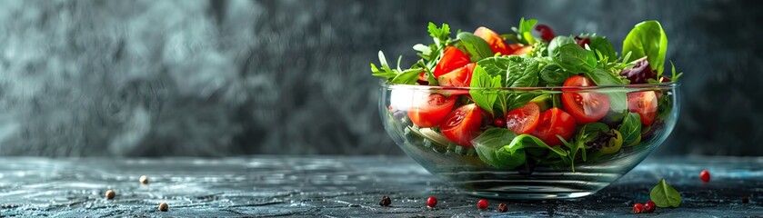 Fresh green salad in a glass bowl with sunlight. Healthy lifestyle and nutrition concept for cookbooks and food blogs - obrazy, fototapety, plakaty