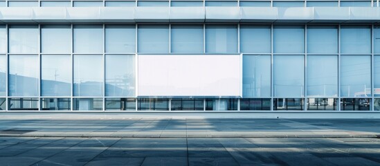 Empty billboards on a glass wall outside a shopping plaza can be utilized for advertising purposes.