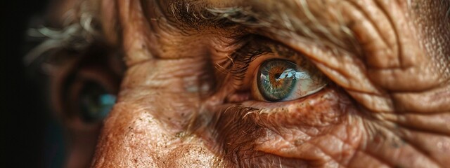 closeup of old senior man with wrinkled skin and visible iris, facial detail showing aging eyes, mature and wise expression, portrait of elderly male