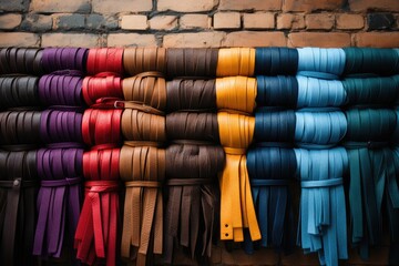 Colorful karate belts on wall., generative IA