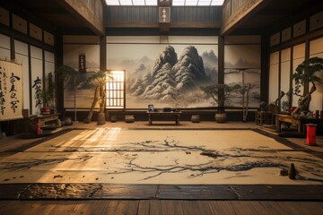 Karate dojo with wood wall and rugs., generative IA