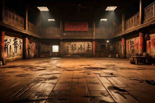 Karate dojo with wood wall and rugs., generative IA