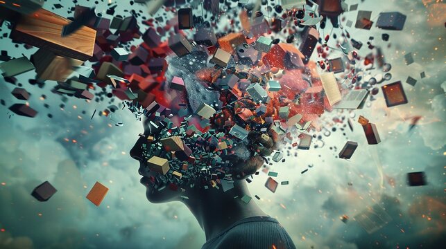 overwhelming data and information explode out of the head of a young brain, social media addiction, maximalism and digital overload, mental stress, chaos, and anxiety overload