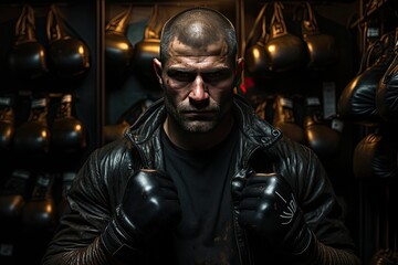 Fototapeta na wymiar Professional boxer preparing with leather gloves., generative IA