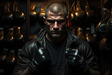 Muurstickers Professional boxer preparing with leather gloves., generative IA © JONATAS
