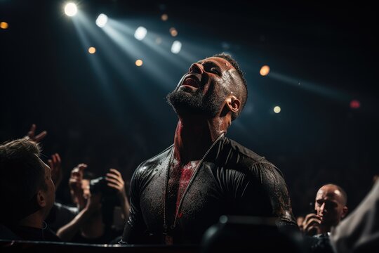 Referee counts as knocked boxer waiting., generative IA