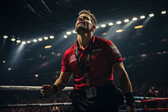Referee counts as knocked boxer waiting., generative IA