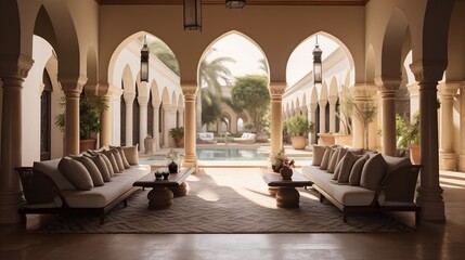 Lavish Moroccan loggia with keyhole arched openings carved stone columns tiled fountains and low seating areas with lanterns. - obrazy, fototapety, plakaty