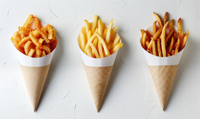 Three different varieties of French fries in paper cones, on textured white background. Tasty takeaway street food. Deep fried crispy potato snack servings. From above, top view.