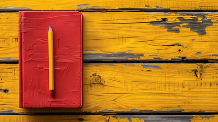 Red notebook and yellow pencil on a distressed yellow wooden background.
