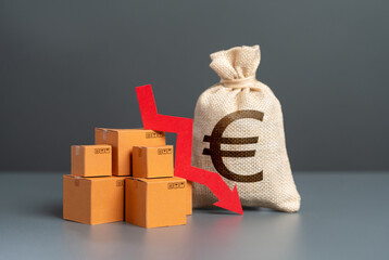 Boxes with goods and a red arrow up next to a euro money bag. Trade shortage. Low demand for goods....