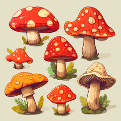 Set of flat style vector illustration, red mushrooms, isolated on transparent background