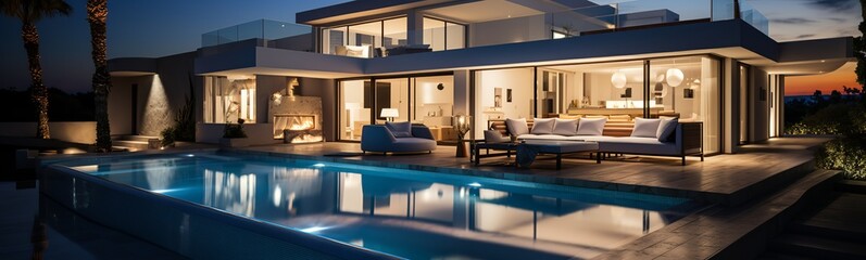real estate Luxury Interior and exterior design pool villa with living room at night sky home