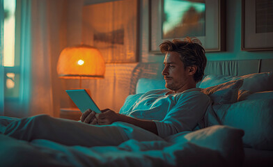 In a bedroom lit by warm light, a man lies in bed with a digital tablet, exuding a sense of calm and relaxation during a serene evening.