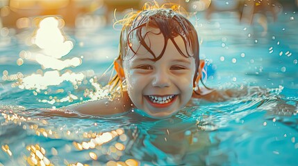 child's joyous expression as they play in the pool. - obrazy, fototapety, plakaty