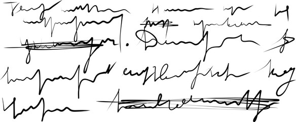 Crossed out, Sweeping,  unreadable handwriting Fragment of letter crossed out and underlined illegible doodle isolated on white background