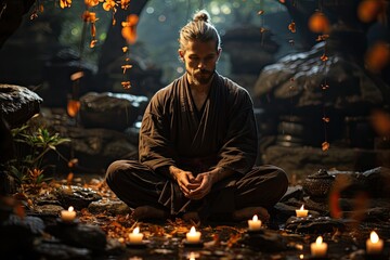 Kung Fu Master Meditates in Sereno Garden., generative IA - obrazy, fototapety, plakaty