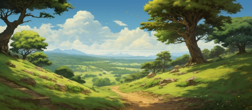 A serene natural landscape painting featuring a winding path cutting through a verdant forest with towering trees, green grass, and a clear blue sky with fluffy white clouds