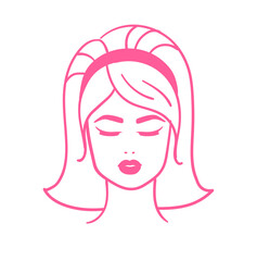 Vector vintage line art hand drawn illustration of woman with a pink headband and closed eyes