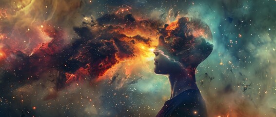 Boundless Imagination  Human Form with Nebula Exploding from Mind - obrazy, fototapety, plakaty