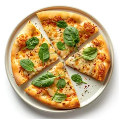 Fototapeten Simple vegetarian cheese pizza, freshly baked, garnished with green basil leaves. Delicious pizza cut into slices, on a white ceramic plate, on white background. Top view, from above. © Studio Light & Shade