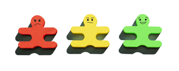 Three colorful human shaped wooden blocks represent customer reviews