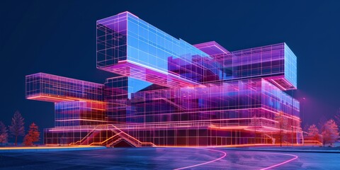 Obraz premium Neon Blueprint of Modern Architecture with Holographic Elements