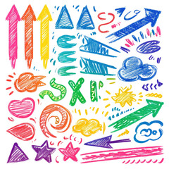 Marker drawn colored arrows, swirls and scribbled shapes. Childish hand drawn doodle dividers, rectangle brush strokes, colorful underline markers collection.