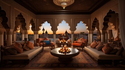 Lavish Moroccan-style sitting room with intricately carved wood ceilings tilework fountains and plush low lounges.
