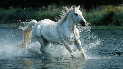 Fototapeta premium portrait of a majestic white horse in full gallop on clean water, graceful and powerful animal showcasing elegance and freedom, action shot in a scenic and pure outdoor setting