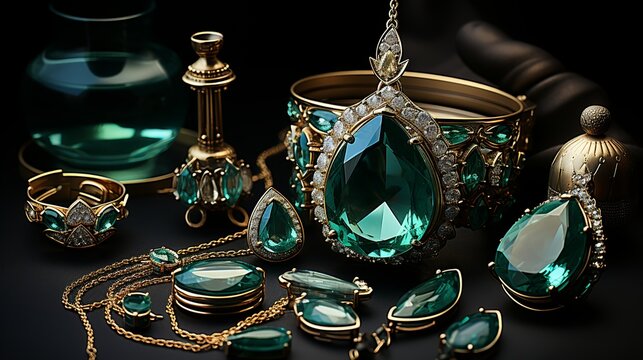 Jewelry Bracelet with emeralds on black background