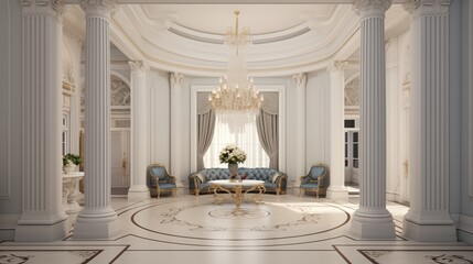 Lavish neoclassical residential oval entrance hall with inlaid herringbone parquet floors fluted pilasters crystal chandeliers and ionic columns. - obrazy, fototapety, plakaty