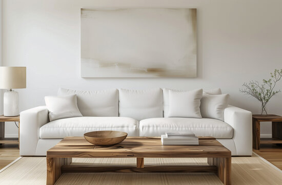 Modern interior of a living room with a white leather sofa, a wooden coffee table and an abstract painting on the wall. Minimalist home decor design in neutral colors.