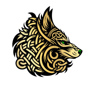 Vector wolf head silhouette inside half moon in gold, silver and white colors. Side view of wild animal in crescent. Wolf vector logo inside demilune isolated on dark background.